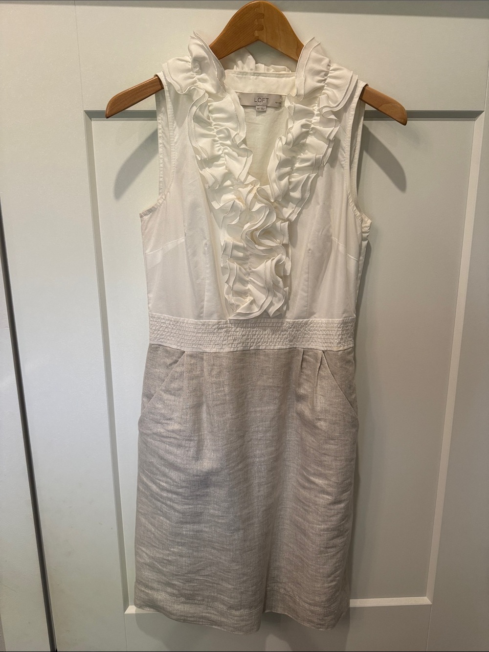 LOFT White and Tan Ruffle V-Neck Sleeveless Mini Dress